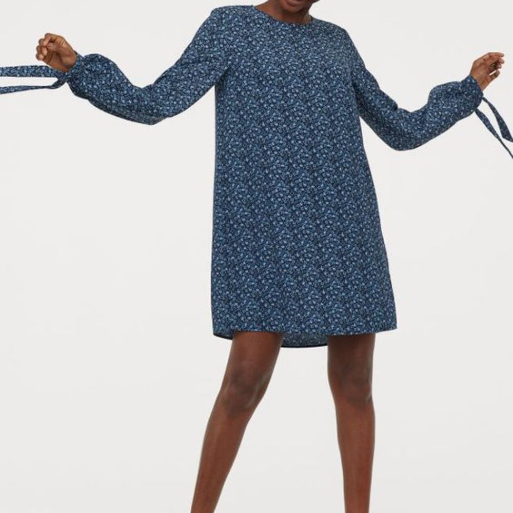 New H&M Blue Floral Long Sleeve Dress with Ribbon Sleeve